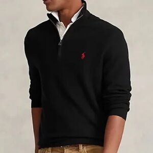 Polo Ralph Lauren 100% Cotton Black Quarter Zip Sweater Red Pony Size Large